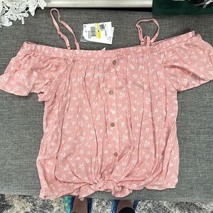 Hippie Rose Pink floral tie front off the shoulder top